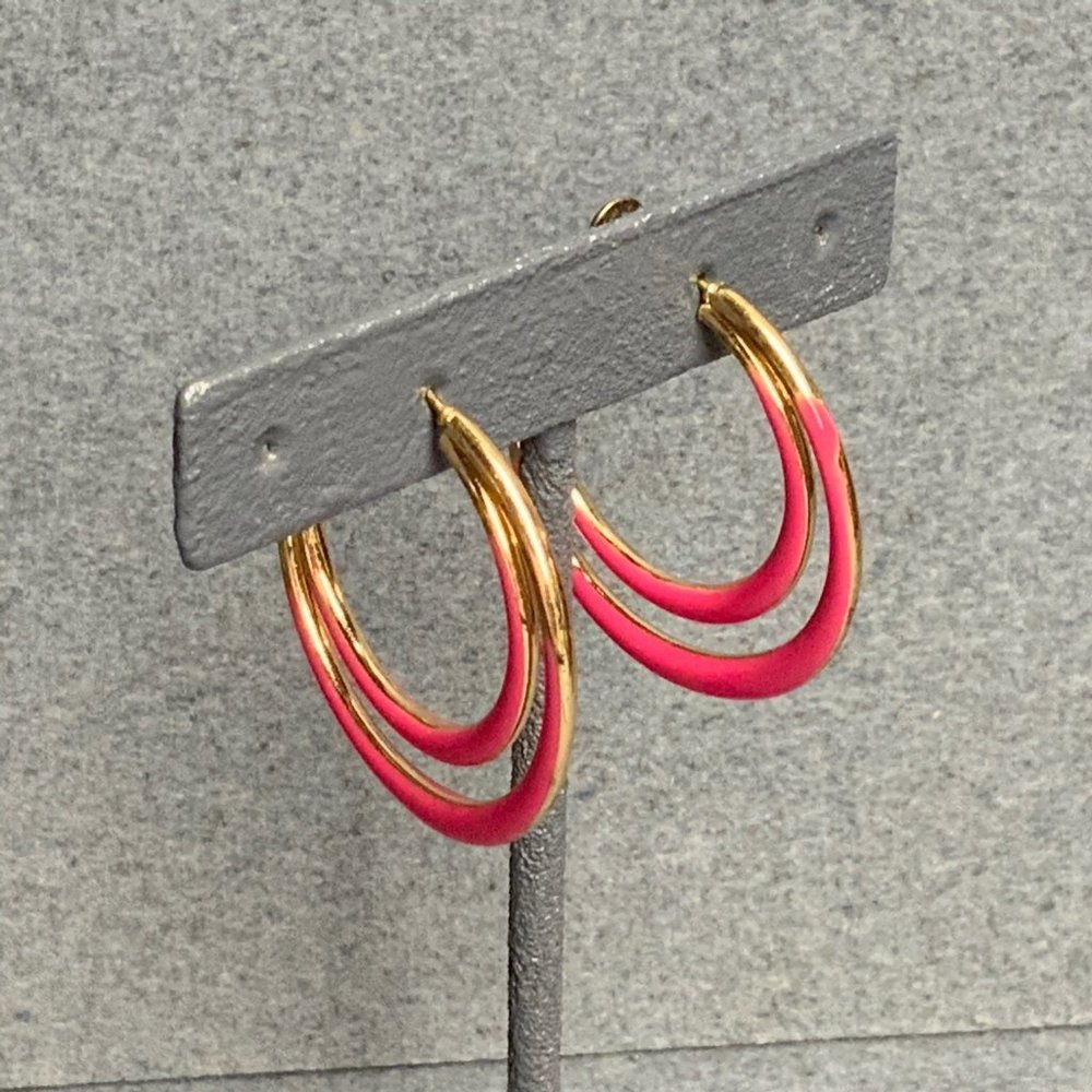 Double Hoop Pierced Earrings Barbie Pink Gold Latch Retro BoHo Vintage Soft Girl